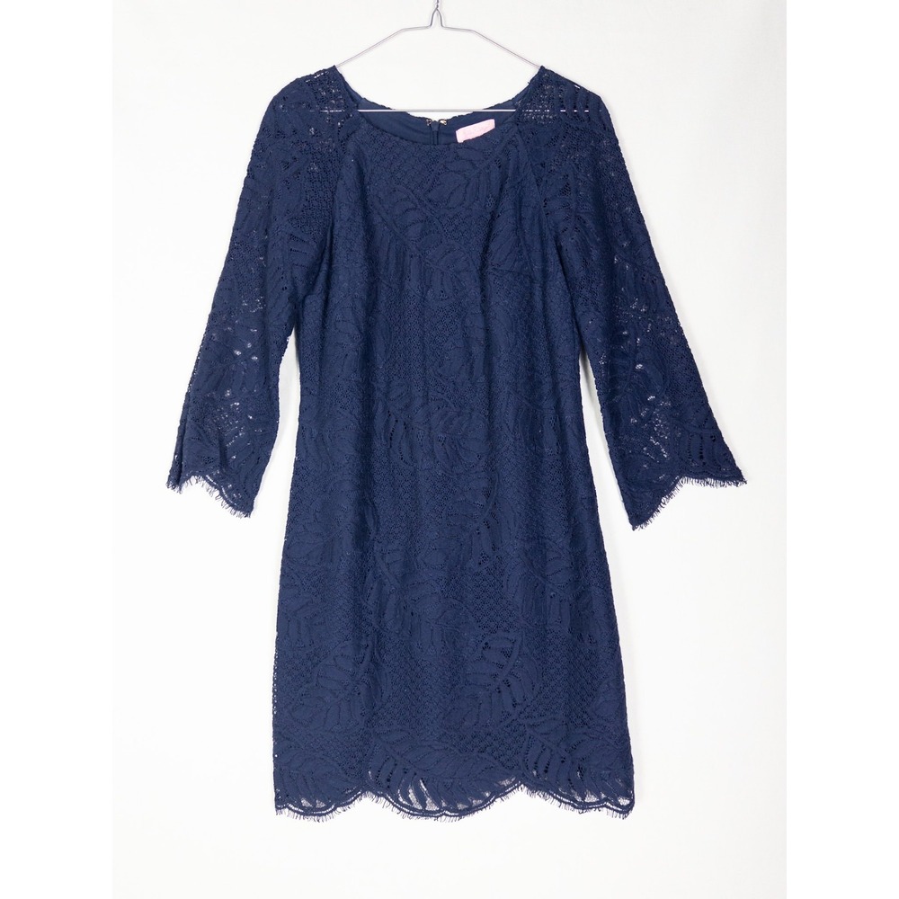 Lilly Pulitzer Dress Womens‎ 2 Blue Lace Crochet Lined Knee Fringe Leaf